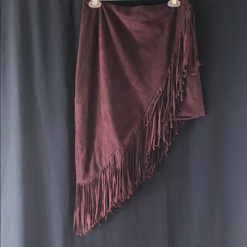 Burgundy A-symmetrical fringed skirt